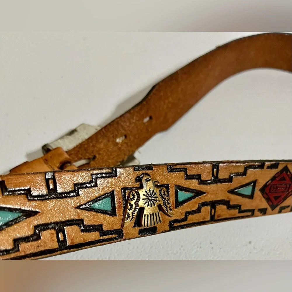 Native American Southwestern Style Tan Leather Belt with Silver Buckle - Picture 5 of 15